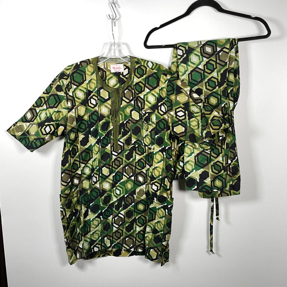 Green Geometric Dashiki Shirt & Pants Set Made in Nigeria 42 Divine Endowments